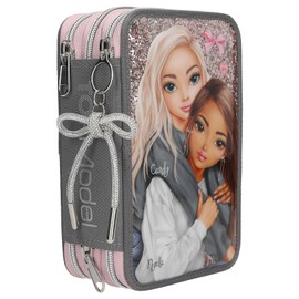 Depesche 13315 TOPModel My BFF Filled 3-Compartment Pencil Case in Grey and Pink, with Model Motif and Glitter, Pencil Case with Coloured Pencils, Scissors, Ruler and Much More
