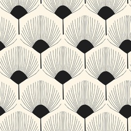 VEELIKE Beige and Black Geometric Peel and Stick Wallpaper Boho Fan Pattern Geometric Wallpaper for Bedroom Bathroom 17.7''x118'' Modern Art Deco Wall Paper Removable Self Adhesive Contact Paper