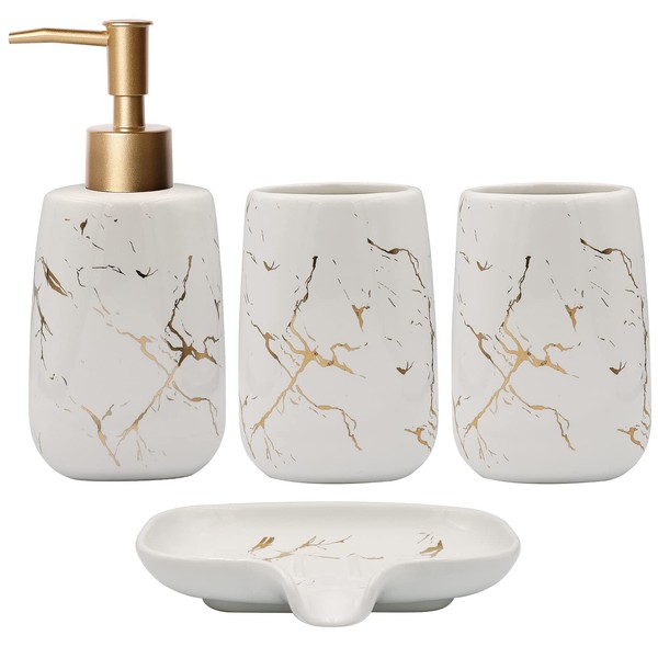 4 Pcs Creative Golden White Ceramics Bathroom Accessories Set, Include Lotion Dispenser Soap Pump, Toothbrush Holder, Tumblers, Soap Dish (Ceramic White)