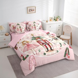 Erosebridal Pink Christmas Bed in A Bag with Sheets Queen Plaid Nutcracker 7 Piece Comforter Set Christmas Nutcracker Bedding Set for Kids Girls Adults,Winter Xmas Holiday Bedding Comforter Sets