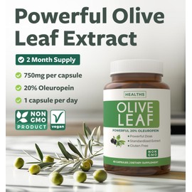 Super Strength Olive Leaf Extract Capsules - Vegan Non-GMO 750mg Olive Extract with 20% Oleuropein Antioxidant Supplement for Immunity Skin and Heart Health Support - Made in The USA (2 Month Supply)