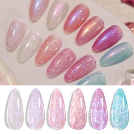 Born Pretty Pearl Gel Nail Polish Aurora Iridescent Glitter Shimmer Mermaid Pearl Gel Polish Drawing Gel Nail Polish Shell Swirl Thread Effect Nail Gel Soak Off Led Summer DIY Gift 6PCS
