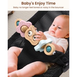 TinlyFinly Baby Bouncer Toy Bar Wooden Compatible with Baby Bjorn Bouncer, Bouncer Toy Attachment, Tight and Secure Fit, So Fun to Watch, Touch and Spin for Babies All Ages (Wood Color Owl)