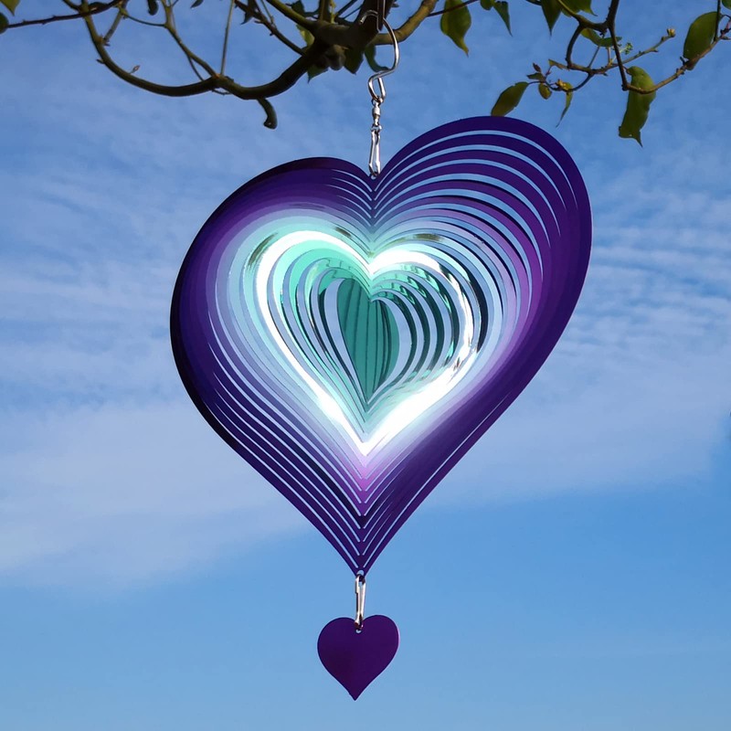 DJUAN Wind Spinner Purple-Green Gradient Love Heart 3D Metal Hanging