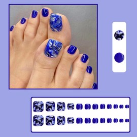 AkiliBIELY Blue Press on Toenails for Women Marble Toe Nail Press ons Fantasy Acrylic Fake Toe Nails Artificial Full Cover Classy Toenails Square Glue on Toe Nails for wedding LDK78