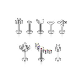 AllerPierce 8 Tragus Piercings Lip Piercing 16ga 6 mm Heart Cross Crescent Moon Butterfly CZ Stud Nose Stud Labret Helix Cartilage Piercing for Girls Women