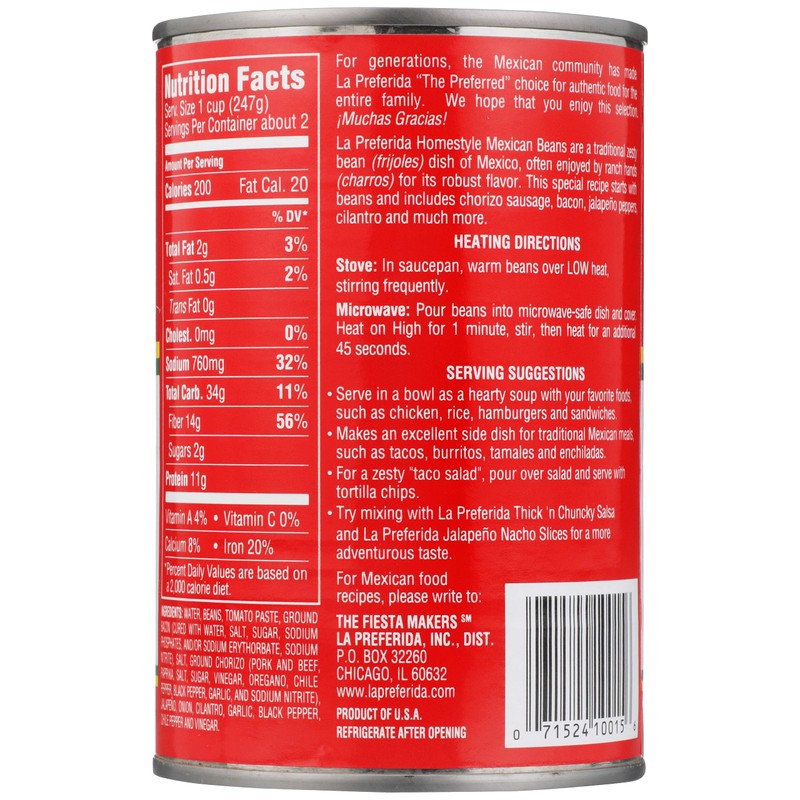 La Preferida Mexican Foods Homestyle Beans, Frijoles Charros, 15 OZ.