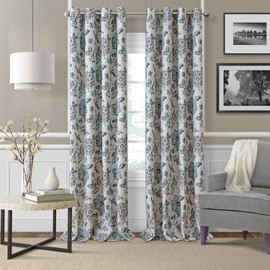 Elrene Home Fashions Sorrento Jacobean Floral Room-Darkening Window Curtain, 52 in x 95 in, Blue/Taupe