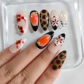 3D Floral Almond Press on Nails Medium Handmade Nails French Tip Thick Acrylic Fake Nails Autumn False Nails with Polka Dots Flower Zebra Print Designs Sturdy Nail Art Press on Nails 10Pcs(M)