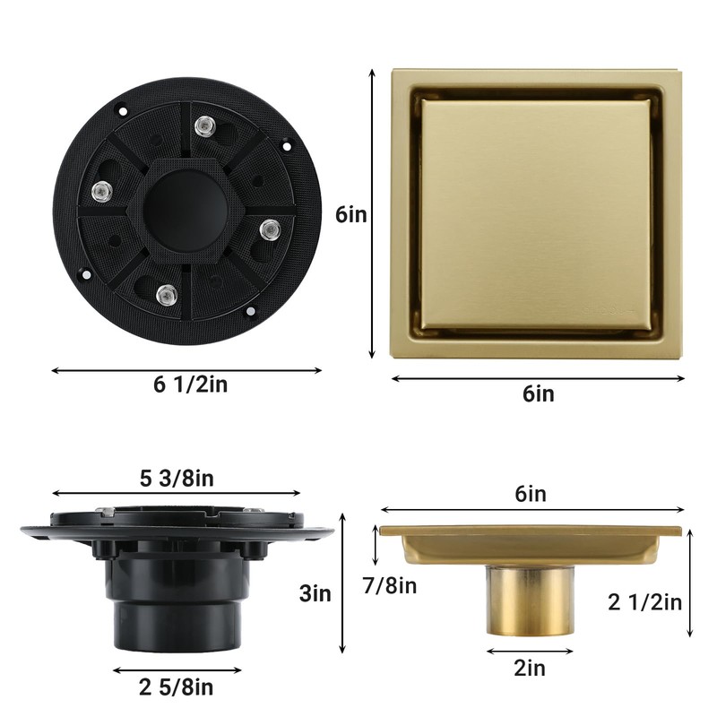 4 Inch Gold Shower Drain, SUS304 Stainless Steel Square Bathroom