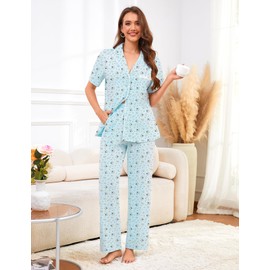 Bloggerlove 100% Cotton Pajamas for Women Set 2 Piece Short Sleeve Women's Sleepwear with Long Pant Button Down Lounge Sets