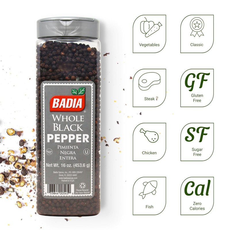 Badia Whole Black Pepper, 16 oz – Aromatic and Flavorful