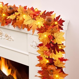 Fall Decorations for Home, 5.9Ft Fall Garland for Mantle, Fall Leaves Garland with Lights, Lifelike Pumpkins Berries & Vibrant Maple Leaves for Home Table Party Outdoor Thanksgiving Decor