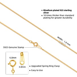 SAMIOVJ 925 Sterling Silver 1.0mm Box Chain Necklace for Women, 18K Gold, Rose Gold, White Gold Plated Thin Dainty Women's Chain Necklaces 16 18 20 22 24 Inch