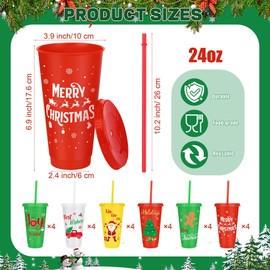 Kochorie 24 Pieces Christmas Plastic Cups 24oz Reusable Plastic Tumbler with Lids and Straws Bulk Christmas Holiday Drinking Cups for Xmas Party Supplies, 6 Designs