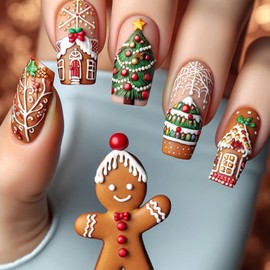 Christmas Press on Nails Brown Medium Square Fake Nails with Designs Snowflake Glue on Nails Xmas Tree Holly Stick on Nails Reusable Glossy Winter False Nails for Women Girls Holiday Manicure 24pcs