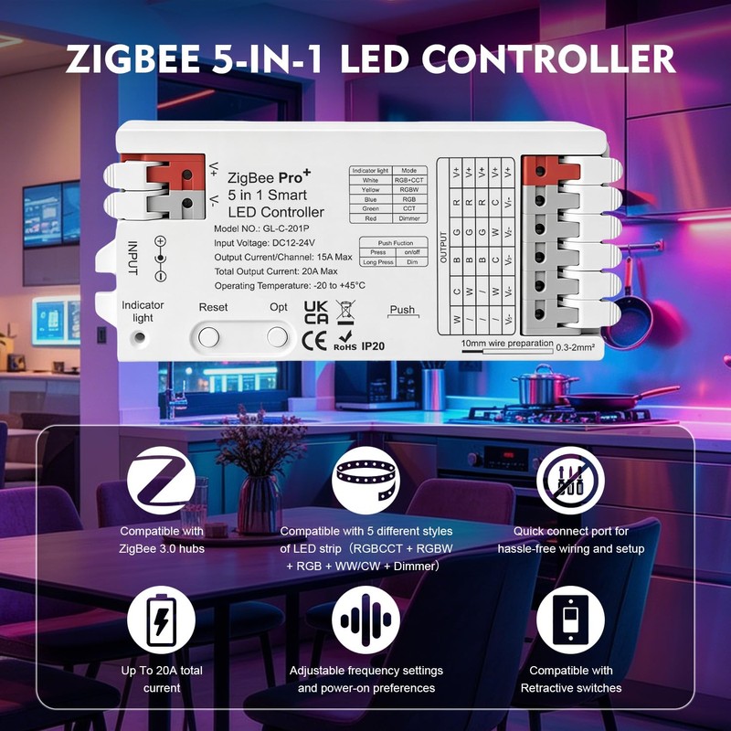 Vibe2Go ZigBee 3.0 Pro+ 5-in-1 Smart LED Controller, 20A Max