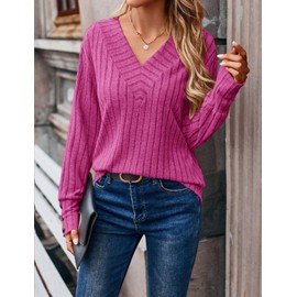 Akiooue Pretty Ladies Jumpers, Long Sleeve Tops V Neck Sweater Women Ladies Lightweight Sweatshirt Ribbed Fall Winter Top Party Tops Womens Christmas Jumpers Hot Pink