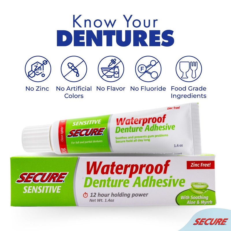 Secure Sensitive Denture Adhesive – 12-Hour Max Hold – Waterproof
