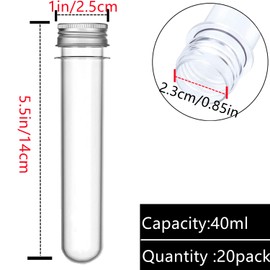 20PCS Plastic Test Tubes, 40ml Clear Test Tubes with Silver Screw Aluminum Caps, for Science Party, Gumball, Candy, Bath Salts, 25 x 140mm