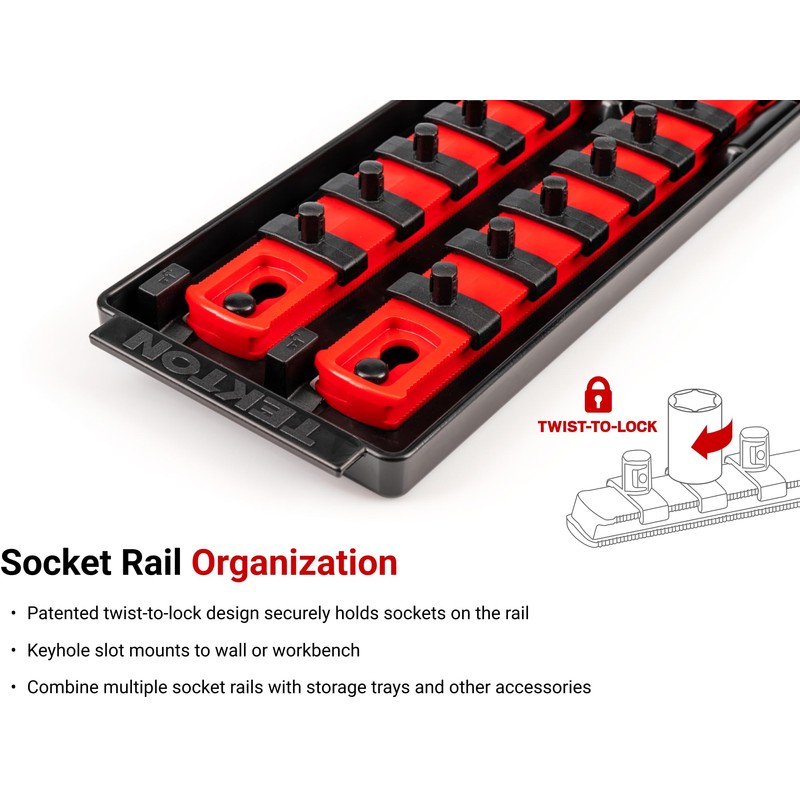 TEKTON 1/4 Inch Drive 12-Point Socket Set with Rails, 28-Piece
