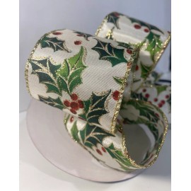 Holly Berry Christmas Wire-Edged Ribbon 2.5" x 5 Yards
