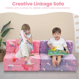 MeMoreCool Foldable Futon Chair Bed for Kids, Glow Tri-Fold Sofa Bed Convertible Toddler Sofa Mattress with Pillow, Foam Floor Couch for Sleeping and Play, Pink