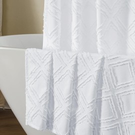 OWENIE Extra Long 96 Inch White Shower Curtains, Boho Fabric Shower Curtain Grommet Top With 12 Hooks, Elegant Modern Jacquard Geometric Design Textured Shower Curtain for Bathroom, White, 72"W x 96"L