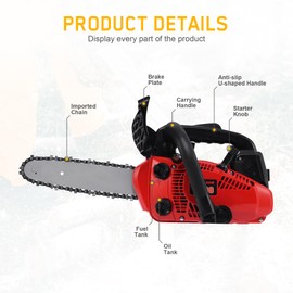 TRY-YEAN 10 Inch 2 Cycle Gas Powered Chainsaw, Top Handle Chainsaw Handheld Cordless Petrol Portable Gas Chain Saw for Tree Wood Cutting (10 Inch-25.4CC-2 Cycle)