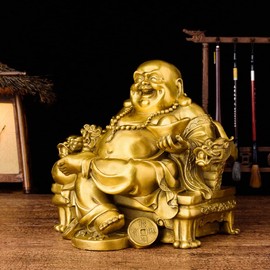 Hotei-like Figurine, Feng Shui Goods, Maitreya Bodhisattva, Buddha Statue, Hotei Sitting on a Dragon Chair, Good Luck, Luck Up, Amulet, Interior (Gold)