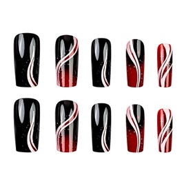 RUOKEXIN Medium Square Press on Nails Black Red Ombre Fake Nails Sparkly False Nails with Designs Medium Length Nail Press ons Glossy Artificial Nails Cute Stick on Nails for Women 24Pcs