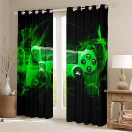 Feelyou Gaming Curtain Kids Gamer Curtains for Boys Girls Game Controller Window Drapes Modern Gaming Console Window Curtains Geometry Green Black Game Room Decor (2 Panels, 42 x 63 Inch)
