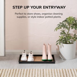 Anji Mountain AMB0BT2F-007 Black Rubber Boot/Shoe Tray with Coir, Fits 2 Pair (24.5" Wide), Tan & Blue Insert