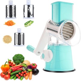 Kitchen Vibe Rotary Cheese Grater, Kitchen Manual Round Grinder Cheese Shredder With Handle, Vegetable Fruit Slicer, Easy to Clean 3 Sharp Replaceable Drum Blades Including Free Cleaning Brush, Blue