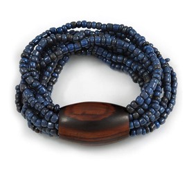 Avalaya Multistrand Denim Blue Glass Bead with Brown Wooden Bead Flex Bracelet - Medium