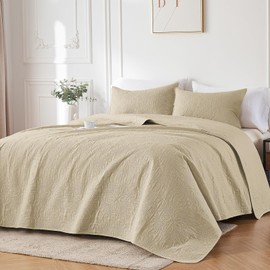 akkialla Beige King/Cal King Quilt Bedding Set for All Seasons,Lightweight Bedspread King Size,Modern Style Soft Microfiber Elegant Floral Design Coverlet Set(1 Quilt,2 Pillow Shams)