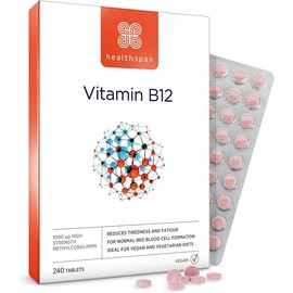 Healthspan Vitamin B12 1,000µg | 240 Tablets | Immune Support | Tiredness & Fatigue | One-A-Day Tablet | Easy to Swallow | Vegan