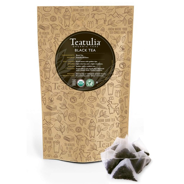 Teatulia Organic Whole-Leaf Black Tea, 50 Reusable Premium Corn Silk Pyramid Tea Bags | Natural Caffeine & Award Winning Black Tea | Compostable Tea Bags for Organic Tea Lovers
