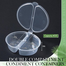 Blushtier 100 Pcs 4 oz Snack Containers Clear Disposable 2 Compartment Snack Containers, Double Compartment Condiment with Lid, Plastic Condiment for Sauce, Candy, Salad Dressing, Travel