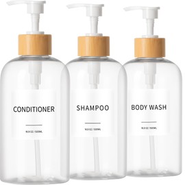 Shampoo and Conditioner Dispenser, Refillable Plastic Shampoo Pump Bottles with Waterproof Labels, Empty Body Wash Dispenser Set for Bathroom, Shower Soap Bottles (Clear, Set of 3, 16.9oz)