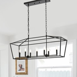 Lucidce Lantern Island Light 7-Light Black Chandelier Dining Room Light Fixtures Over Table Rectangle Kitchen Island Chandeliers Modern Hanging Light Fixture