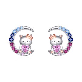 VONALA Moon Girl Earrings Angel Cat Axolotl Highland Cow Rabbit 925 Sterling Silver Christening Communion Gift Jewellery with Pink Zirconia for Women Girls Children, Sterling Silver, Cubic Zirconia