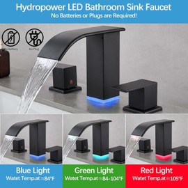 Kyatinsal LED Light Black Waterfall Bathroom Faucet 3 Holes - 8Inch Widespread Bathroom Sink Faucet | Two Handles Lavatory Vanity Sink Faucets with Pop-up Drain Assembly