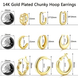 Sanfenly 9 Pairs 14K Gold Hoop Earrings for Women Girls Chunky Gold Hoop Earrings Hypoallergenic Lightweight Thick Open Hoop Earrings Twisted Huggie Hoop Earrings