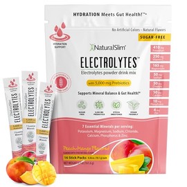 NaturalSlim Electrolytes Powder Packets, Sugar-Free, Hydration & Energy Drink Mix with Prebiotics, Electrolytes for Gut Health, 16 Stick Packs - Peach Mango Flavored