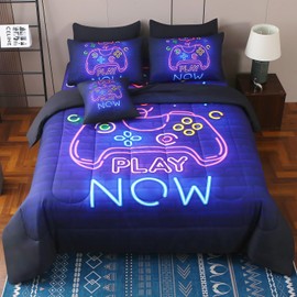 JQinHome Queen Gamer Comforter Set 8 Piece Bed in A Bag for Boys,3D Neon Light Up Design for Classic Console -All Season Soft Microfiber Down Alternative Comforter Gamer Bedding Sets for Kids (Purple)