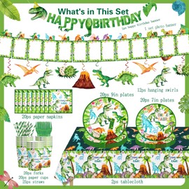 One a Saurus Birthday Decorations Watercolor Dinosaur 1st Birthday Plates Napkins Cups Hanging Swirls Tablecloth Photo Banner Straws Forks for Dinosaur 1st Birthday Party Supplies Decorations