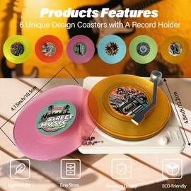 Funny Retro Record Coasters for Drinks with Vinyl Player Holder,Novelty 6 Pieces Vinyl Disk Coasters for Drinks,Bars,Party,Birthday Gifts for Music Lovers,Home Decor and White Elephant IdeasGifts