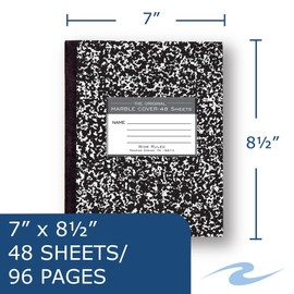ROARING SPRING Flexible Cover Composition Notebook, Black Marble, Wide Ruled w/Margin, 48 Sheets (96 Pages), 8.5" × 7", Center-Sewn, Made in USA