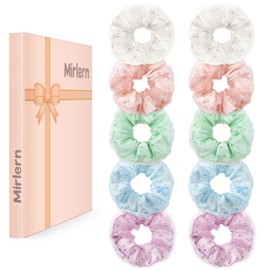 Mirlern 10-Piece Oversized Chiffon Scrunchies for Women and Girls, Cute Jumbo Organza Hair Ties Rope No Damage No Crease Hair Accessories Ponytail Holder (Crushed Flower)